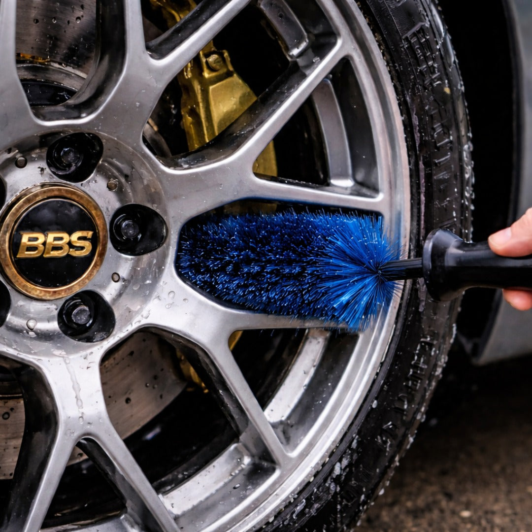 Car wheel with BBS logo being cleaned by a blue brush.