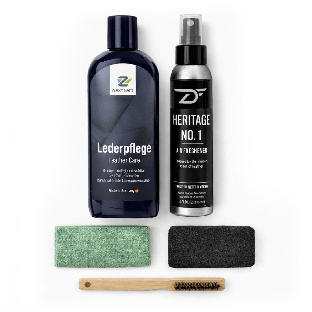 A bottle of leather care product and a bottle of leather fragrance car air freshener and cleaning tools on a white background with visible brand logos.