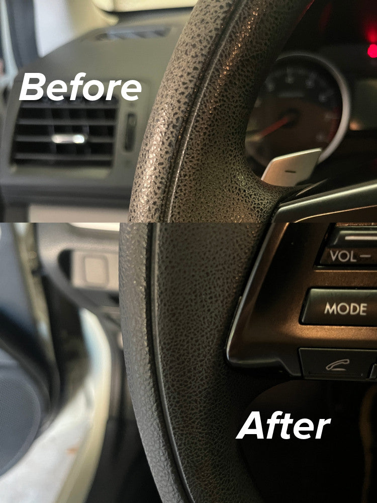 nextzett Plastic Deep Cleaner Interior heavy duty cleaner spray on car steering wheel before and after