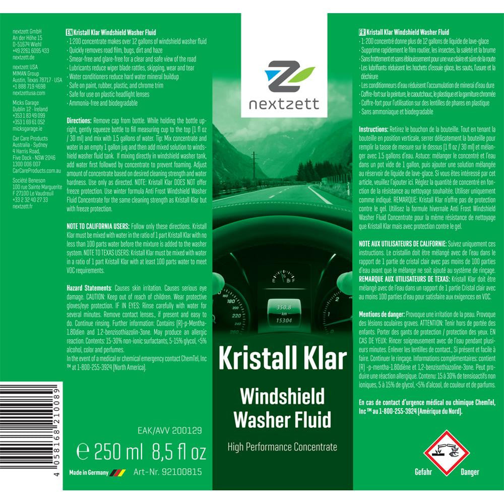 nextzett Kristall Klar Premium Washer Fluid Concentrate - 8.5 oz (250 ml) instructions