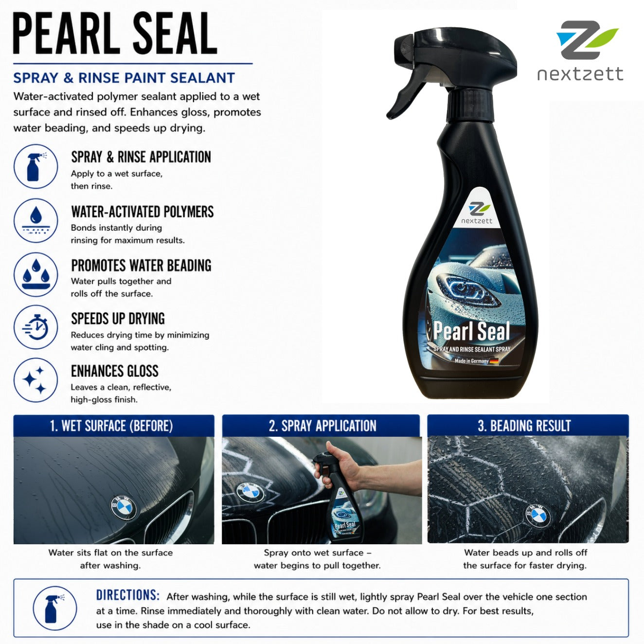 Nextzett Pearl Seal spray bottle with application instructions on a white background