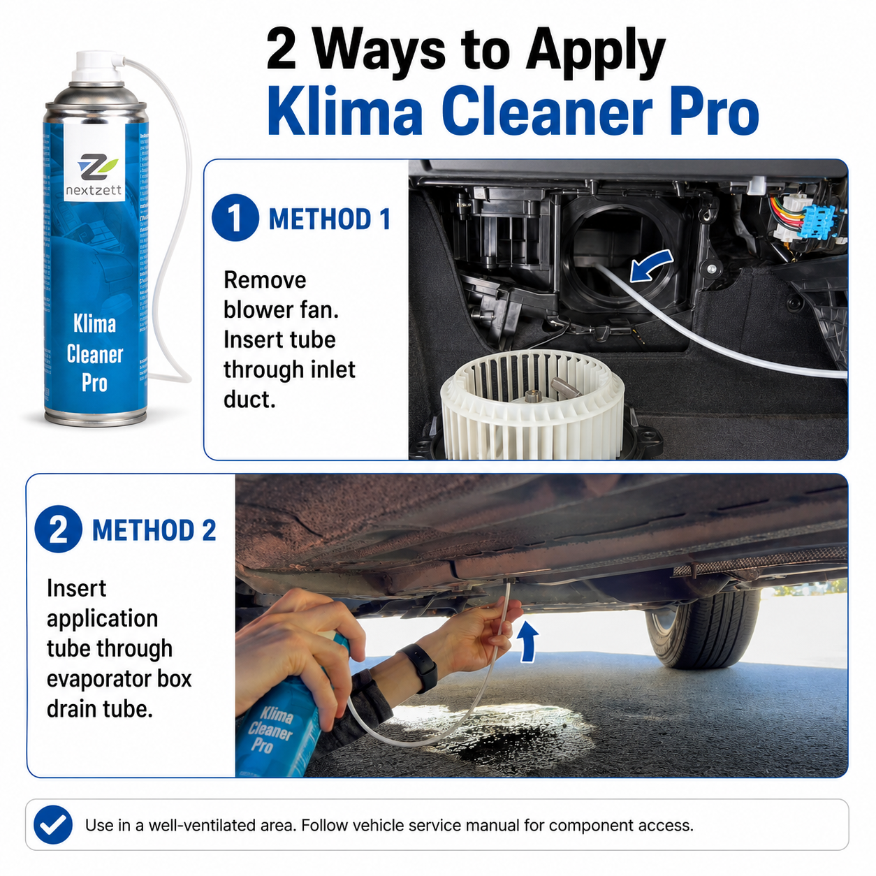 Instructions on how to apply Klima Cleaner Pro with images and text.