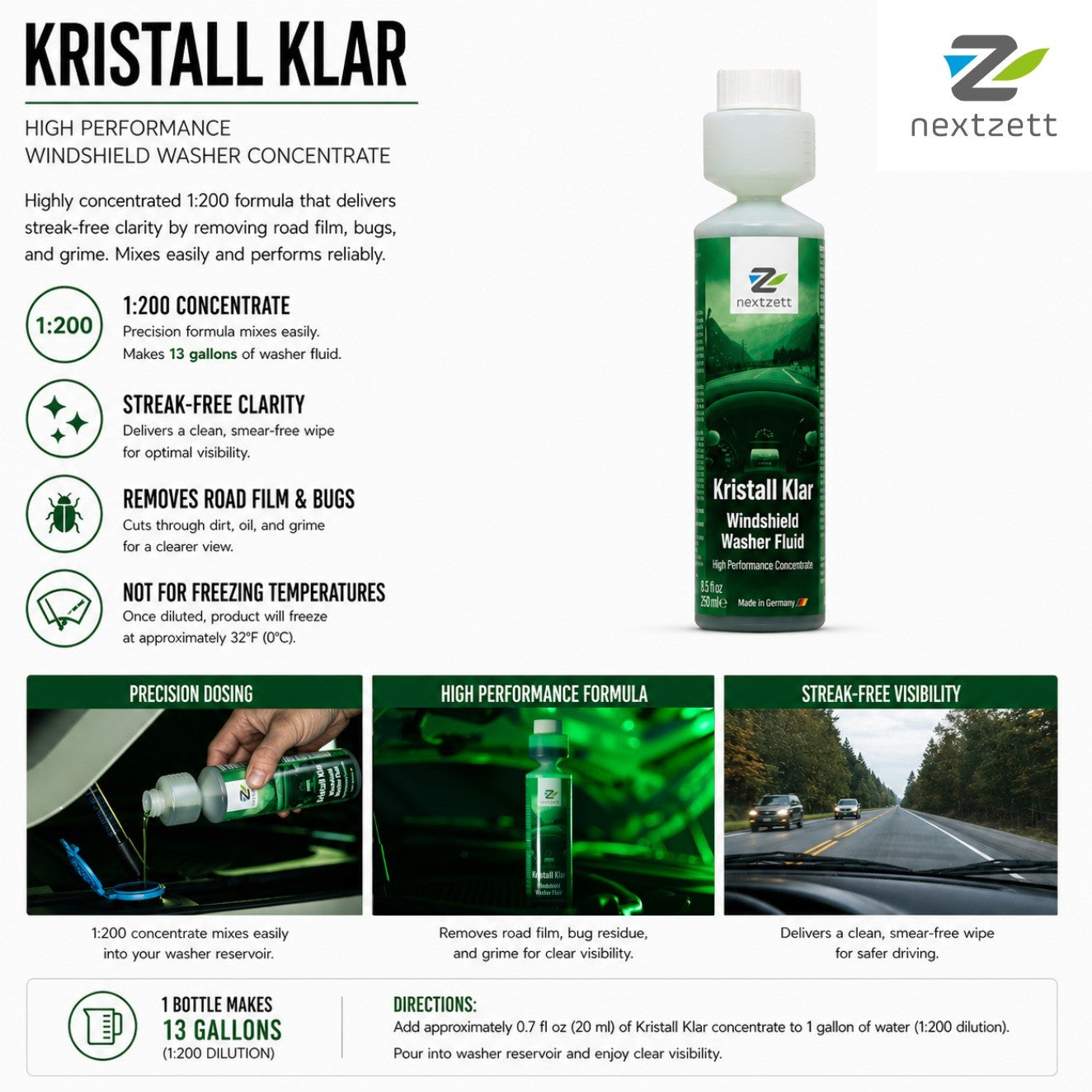 nextzett kristall Klar washer fluid concentrate on white background with benefits and product features