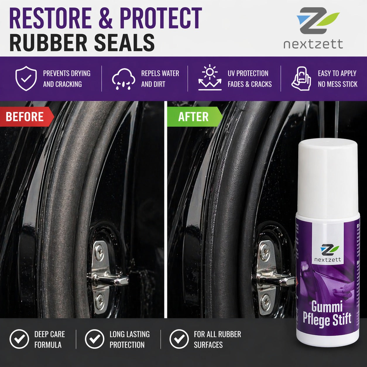 Nextzett weather seal conditioner and sealant with 'Before' and 'After' comparison on a black background