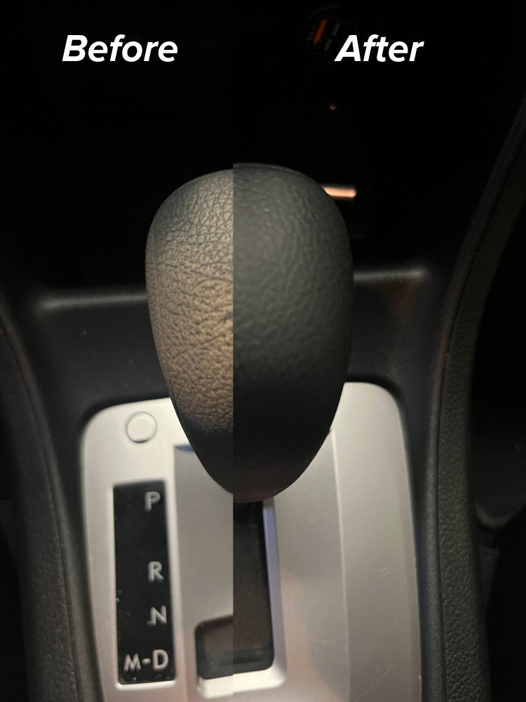 nextzett Plastic Deep Cleaner Interior heavy duty cleaner spray on car shift knob before and after