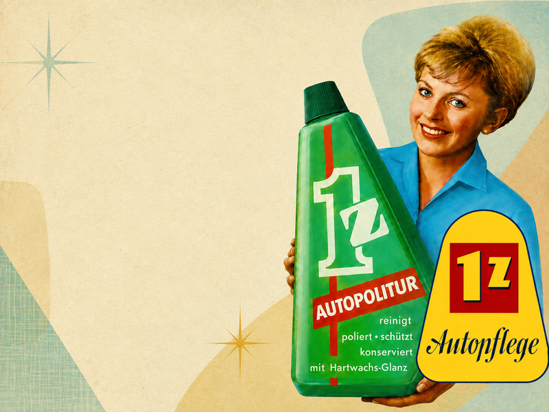 Vintage-style einszett advertisement showing a woman in a blue shirt holding a large green bottle labeled '1z Autopolitur' and a yellow badge reading '1z Autopflege' on a cream background with abstract shapes.