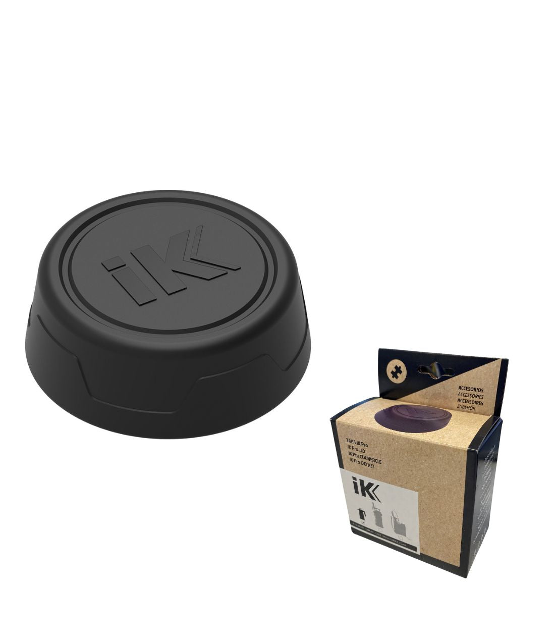 Black iK sprayer lid with 'IK' logo next to its packaging on a white background