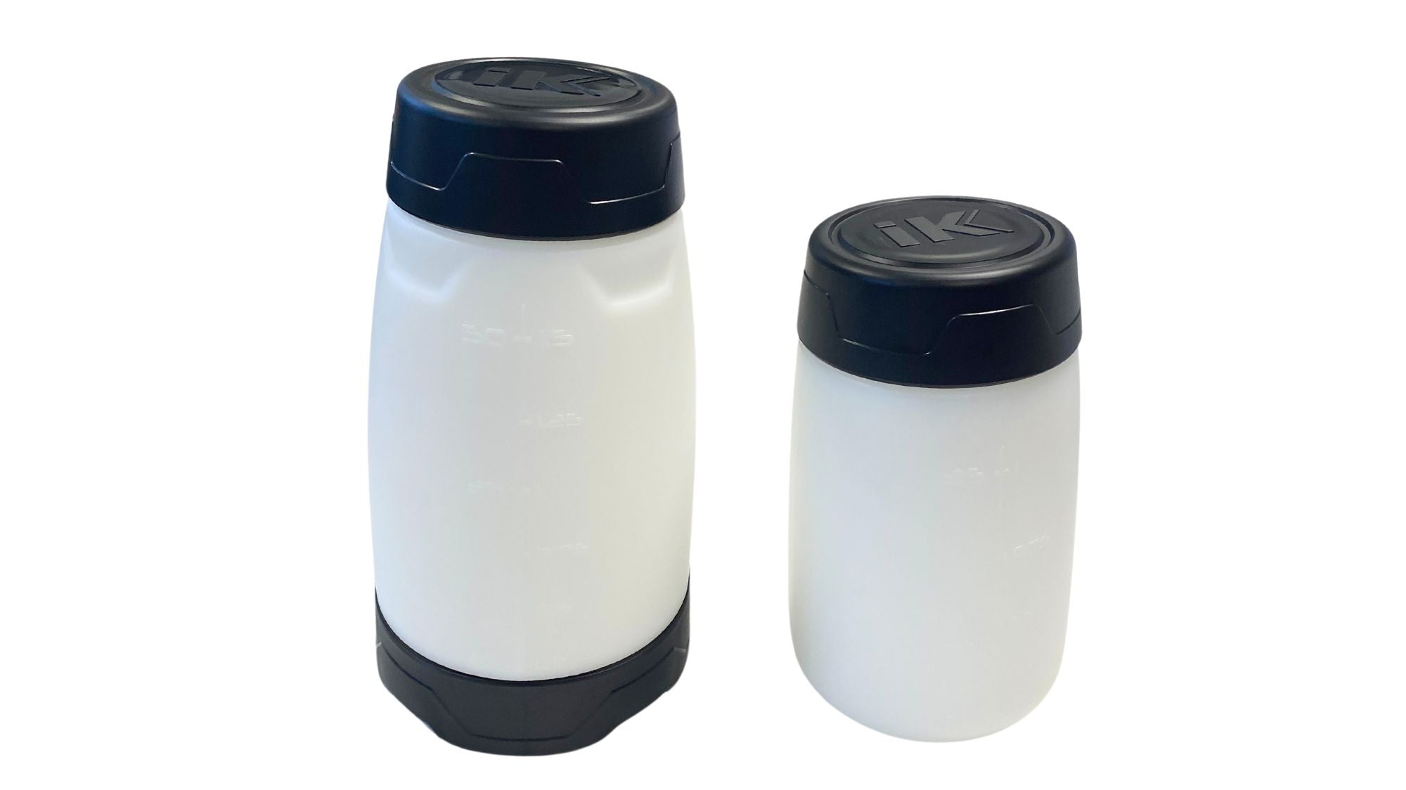 Two white iK Sprayer containers with black lids on a white background