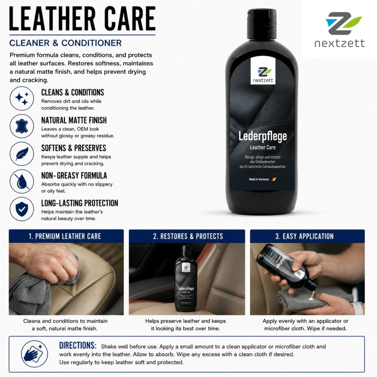 Nextzett leather care product with features and usage instructions on a white background