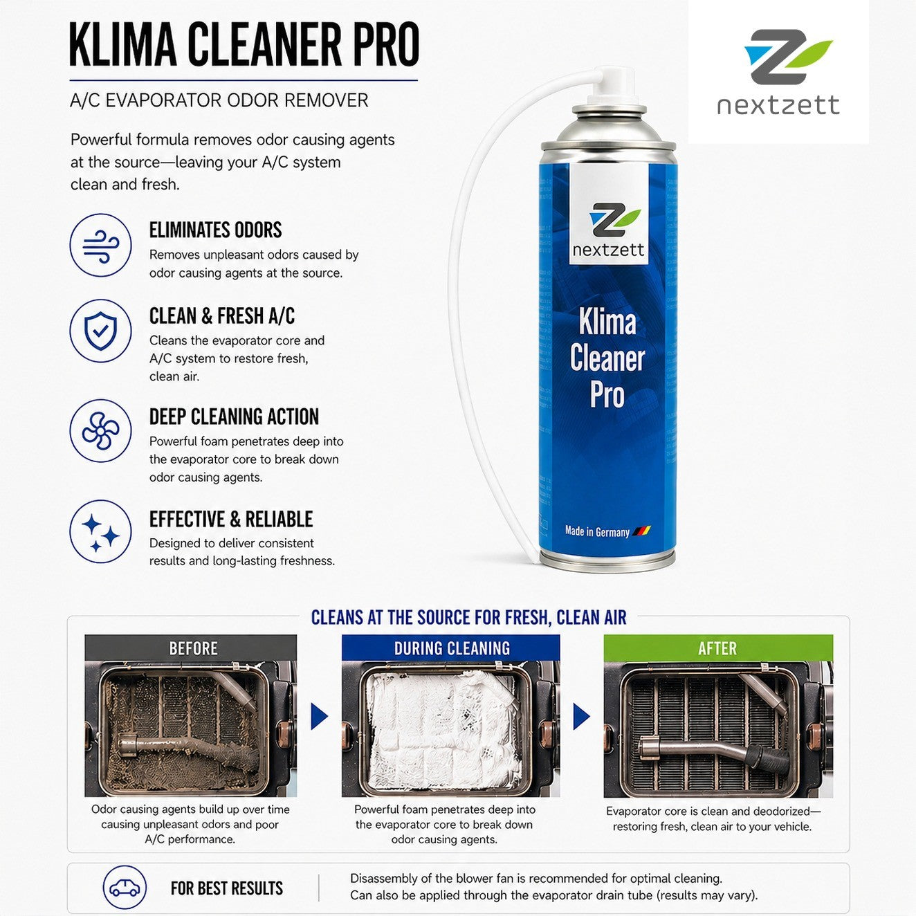 nextzett Klima Cleaner Pro on white background with information about benefits