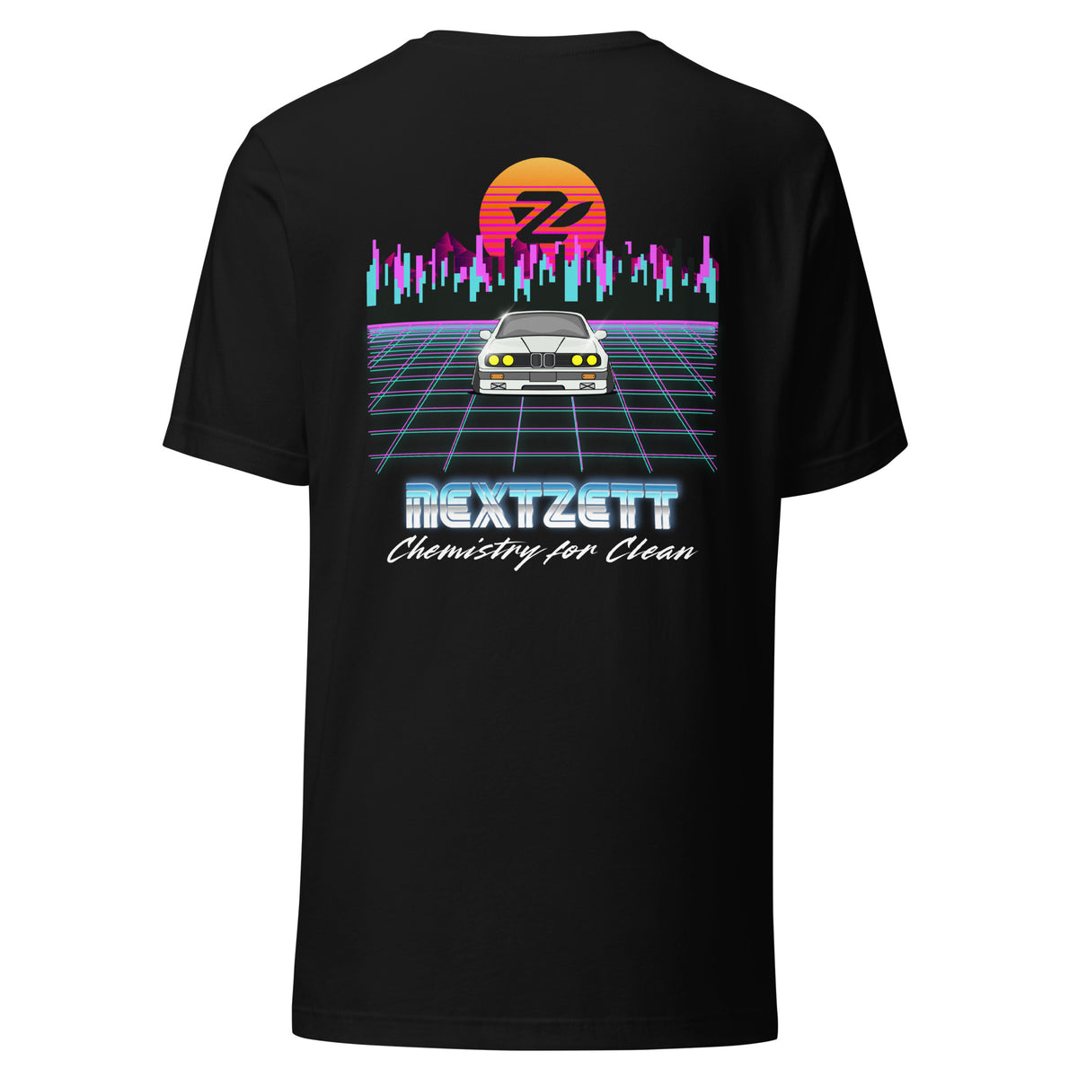 Black t-shirt with nextzett logo, graphic and text on a retro 80's background
