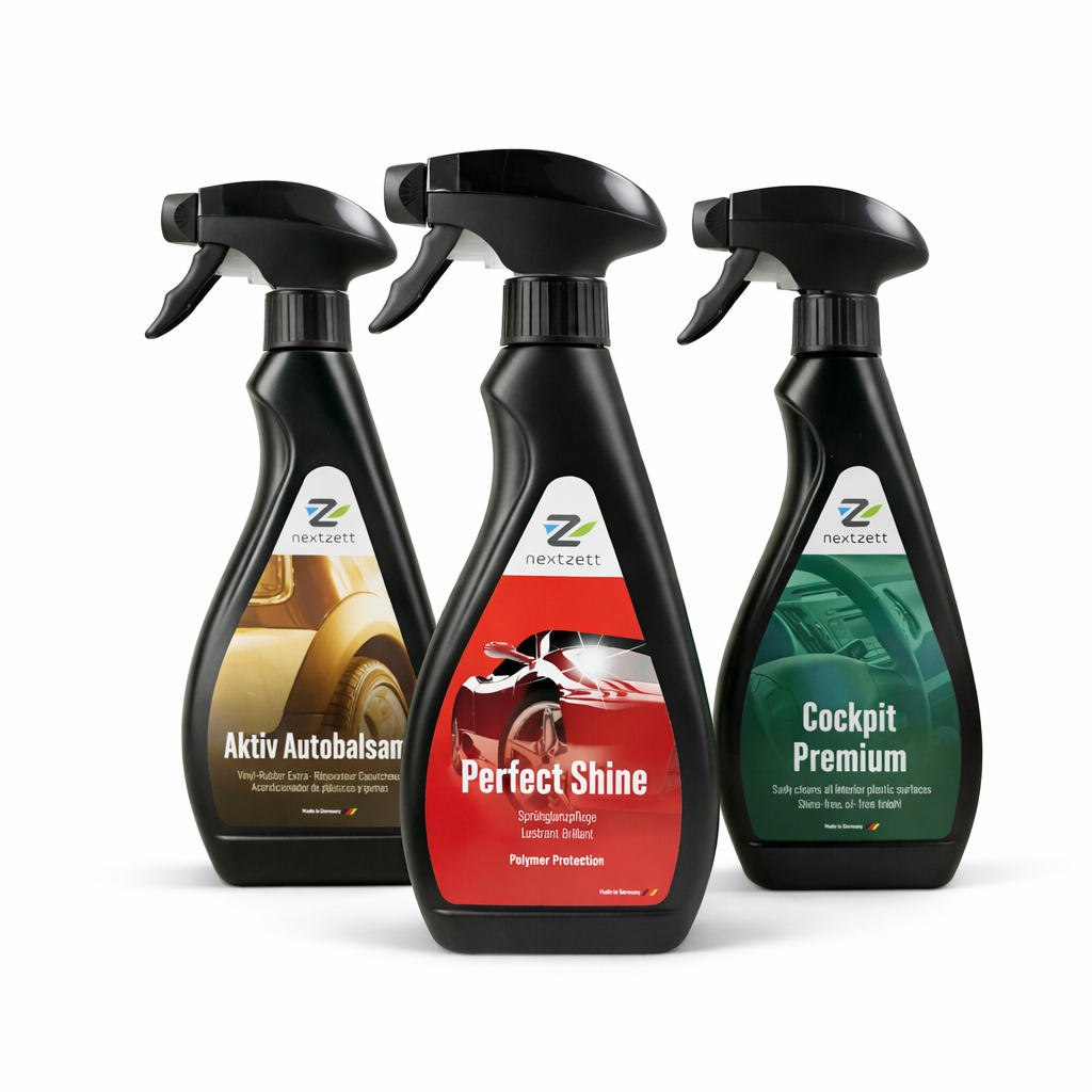 Three bottles of car care products with labels on a white background